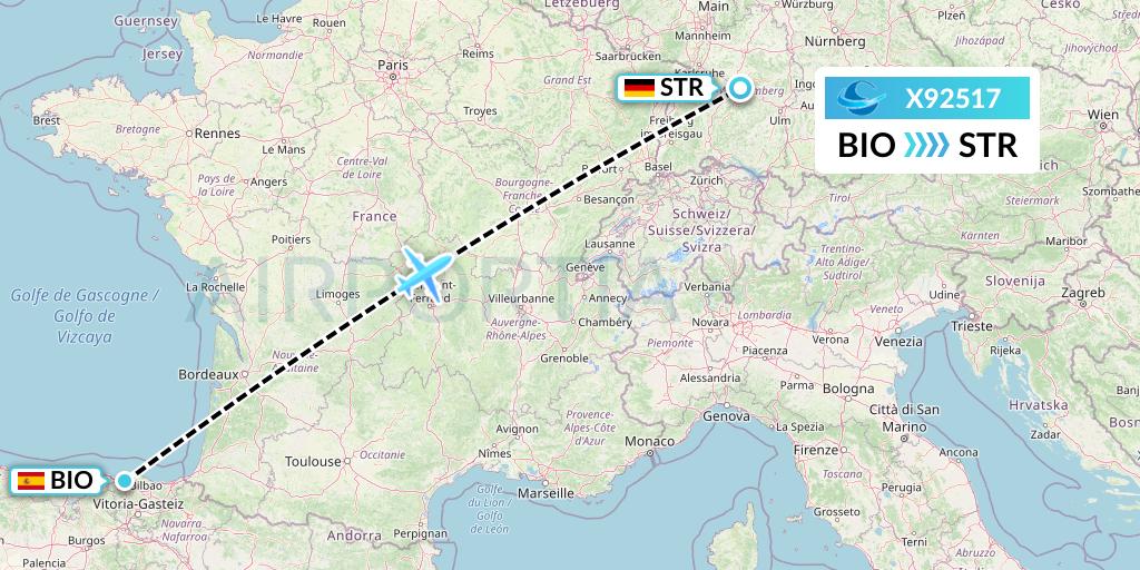 X92517 Avion Express Flight Map: Bilbao to Stuttgart