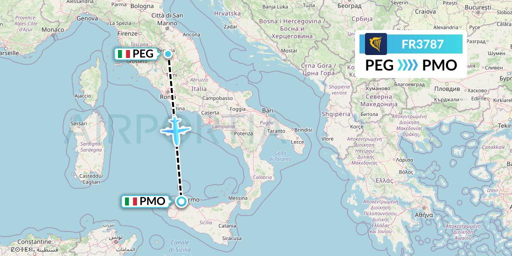 FR3787 Ryanair Flight Map: Perugia to Palermo