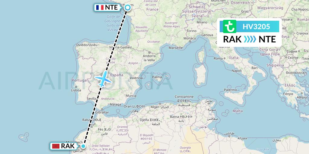 HV3205 Transavia Flight Map: Marrakesh to Nantes