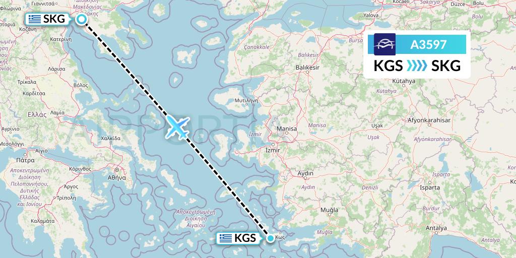 A3597 Aegean Airlines Flight Map: Kos to Thessaloniki