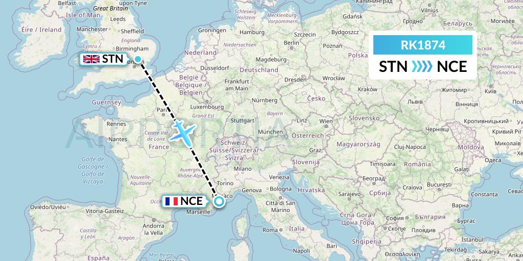 RK1874 Ryanair UK Flight Map: London to Nice