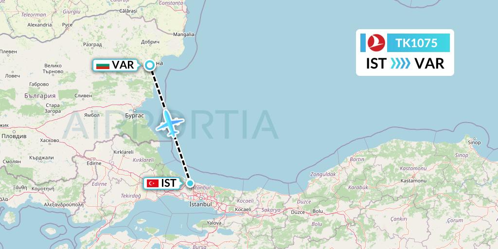 TK1075 Turkish Airlines Flight Map: Istanbul to Varna