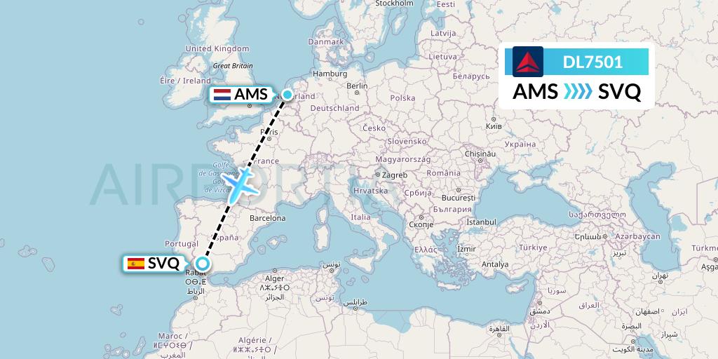 DL7501 Delta Air Lines Flight Map: Amsterdam to Seville