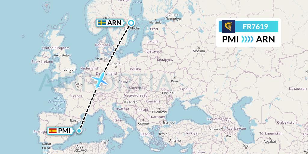 FR7619 Ryanair Flight Map: Palma de Mallorca to Stockholm
