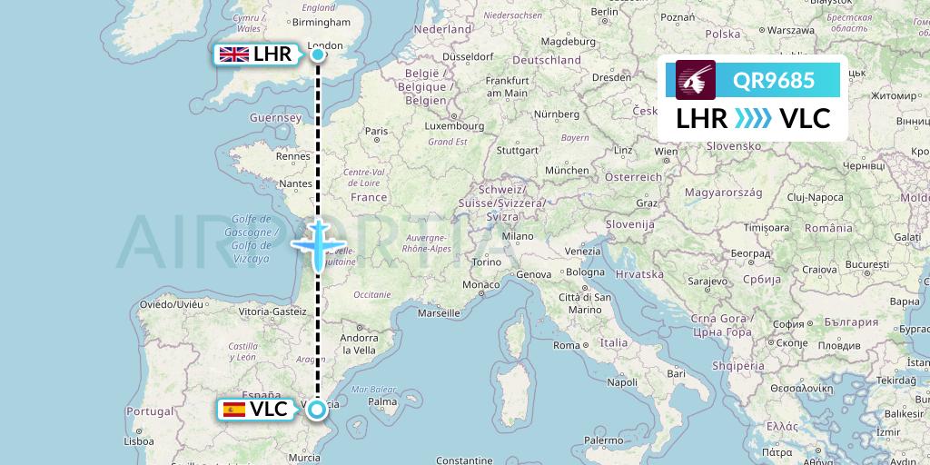 QR9685 Qatar Airways Flight Map: London to Valencia
