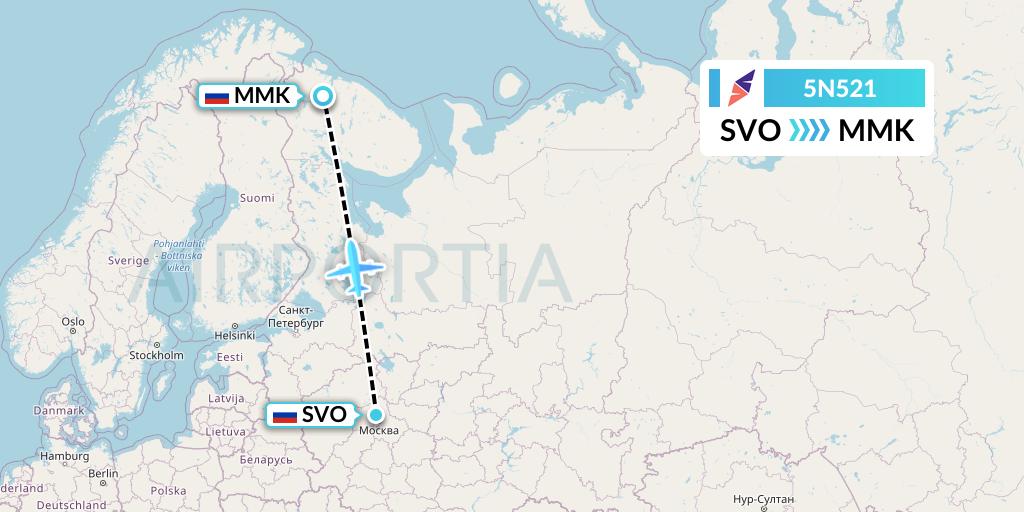 5N521 Nordavia Flight Map: Moscow to Murmansk