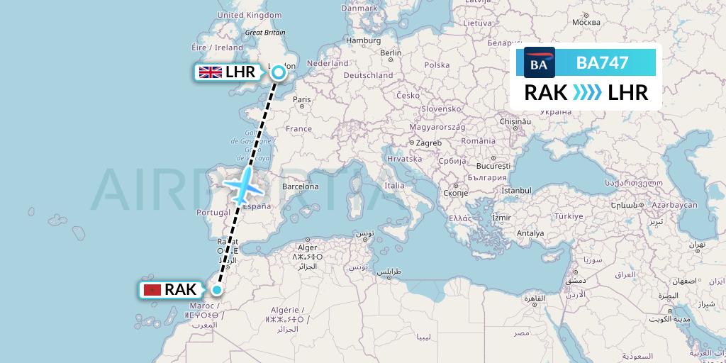 BA747 British Airways Flight Map: Marrakesh to London