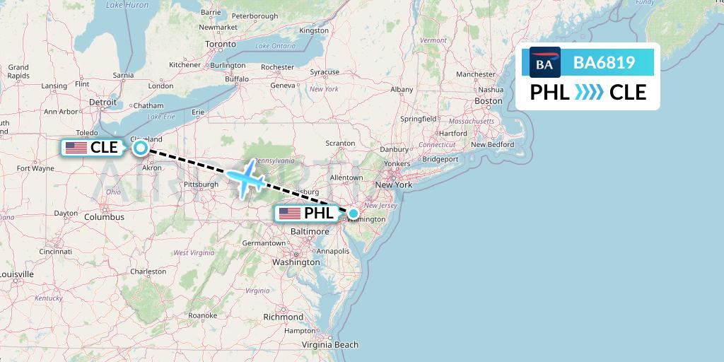 BA6819 British Airways Flight Map: Philadelphia to Cleveland