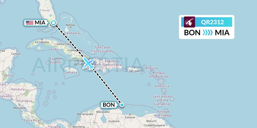 QR2312 Qatar Airways Flight Map: Bonaire to Miami