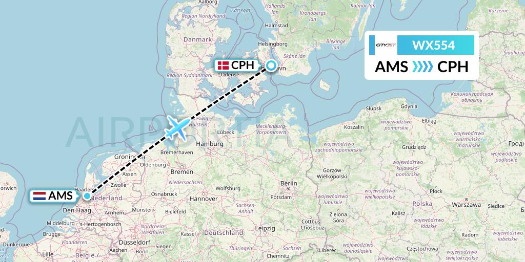 WX554 Cityjet Flight Map: Amsterdam to Copenhagen