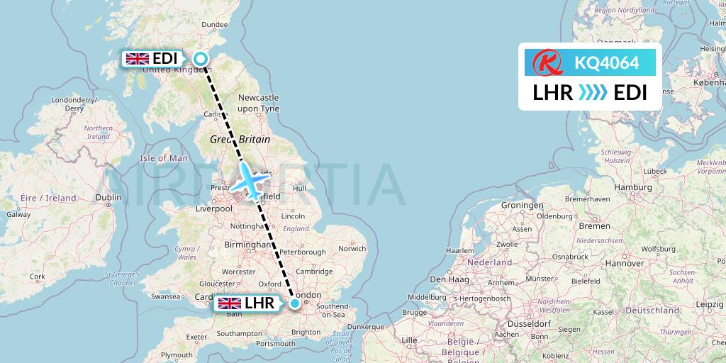 KQ4064 Kenya Airways Flight Map: London to Edinburgh