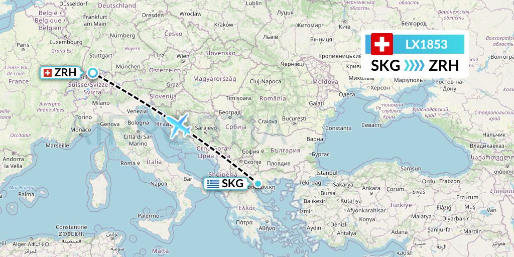 LX1853 Swiss Flight Map: Thessaloniki to Zurich