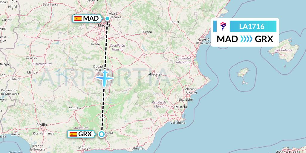 LA1716 LAN Airlines Flight Map: Madrid to Granada