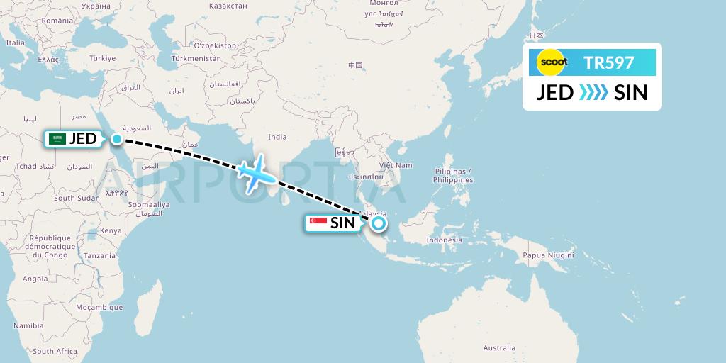 TR597 Tigerair Flight Map: Jeddah to Singapore