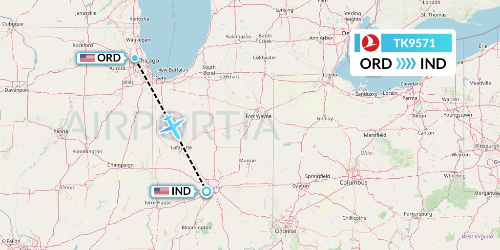 TK9571 Turkish Airlines Flight Map: Chicago to Indianapolis