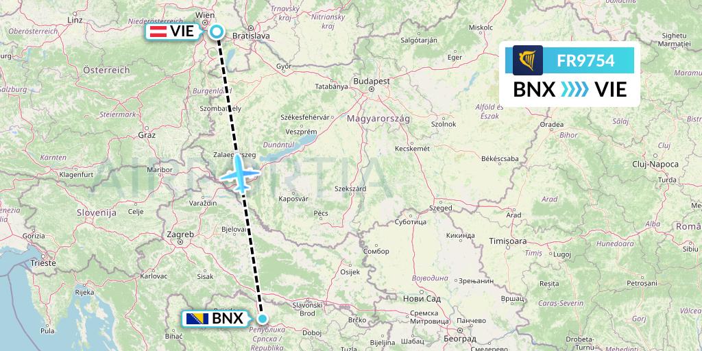 FR9754 Ryanair Flight Map: Banja Luka to Vienna
