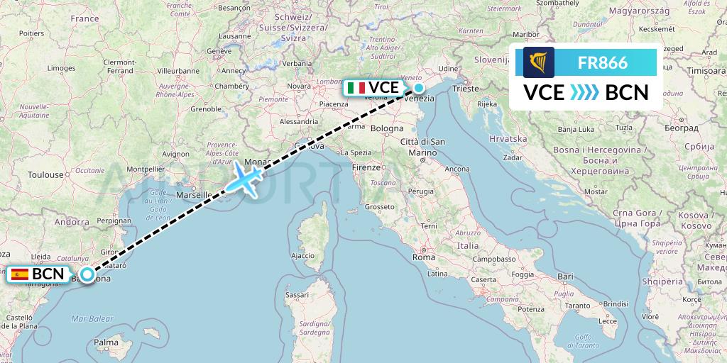 FR866 Ryanair Flight Map: Venice to Barcelona