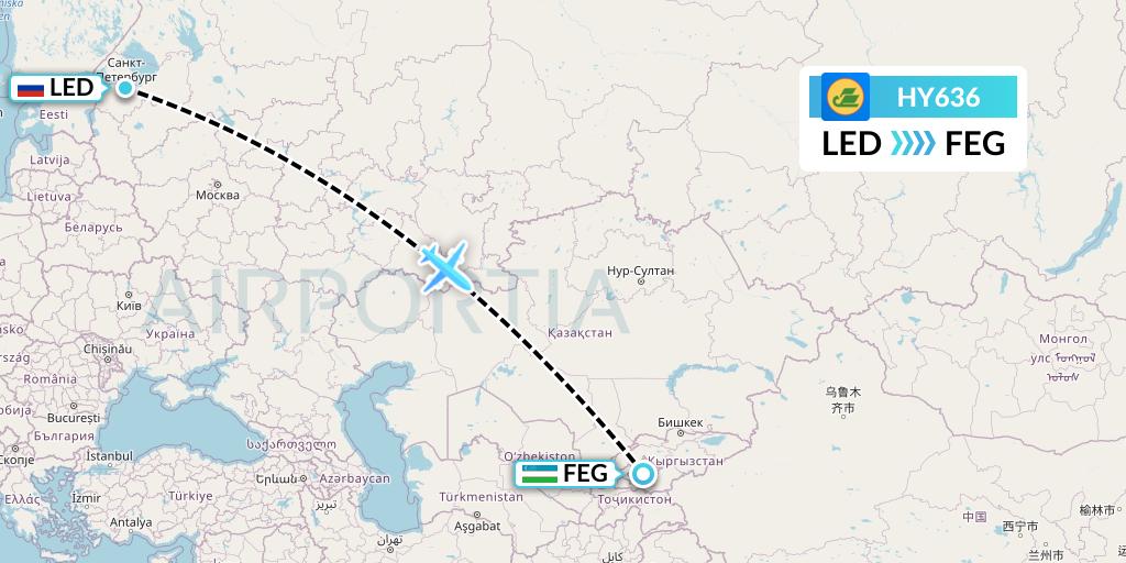 HY636 Uzbekistan Airways Flight Map: St. Petersburg to Fergana