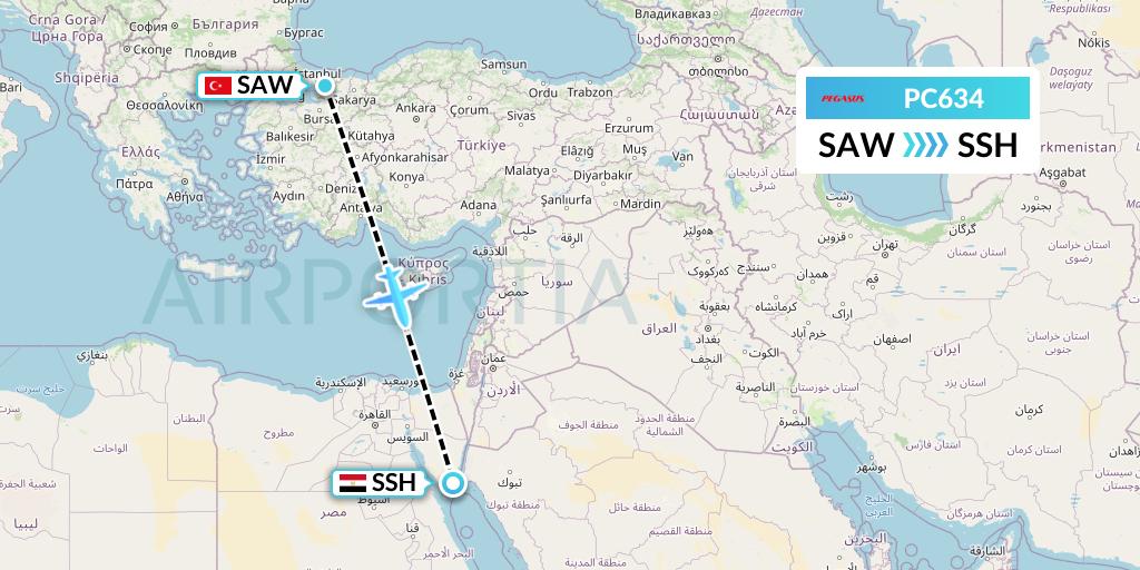 PC634 Pegasus Airlines Flight Map: Istanbul to Sharm el-Sheikh