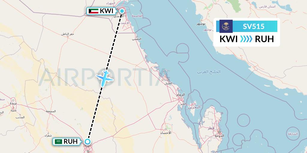 SV515 Saudi Arabian Airlines Flight Map: Kuwait City to Riyadh