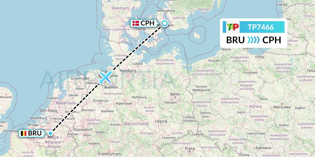 TP7466 TAP Portugal Flight Map: Brussels to Copenhagen