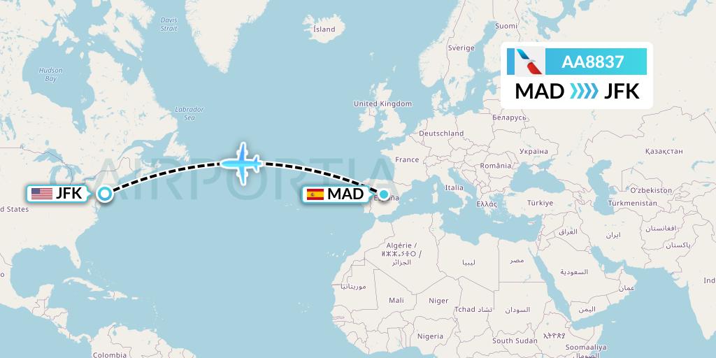 AA8837 American Airlines Flight Map: Madrid to New York