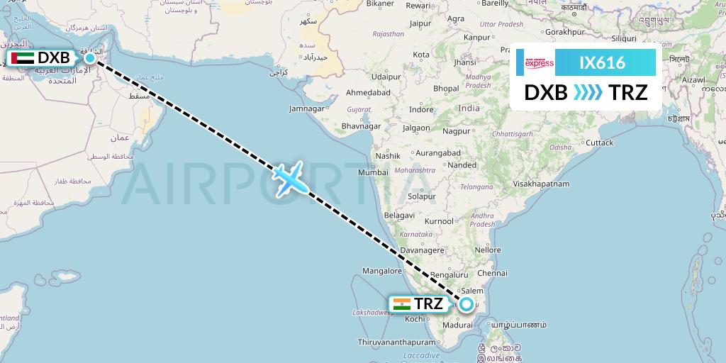 IX616 Air India Express Flight Map: Dubai to Tiruchirapalli