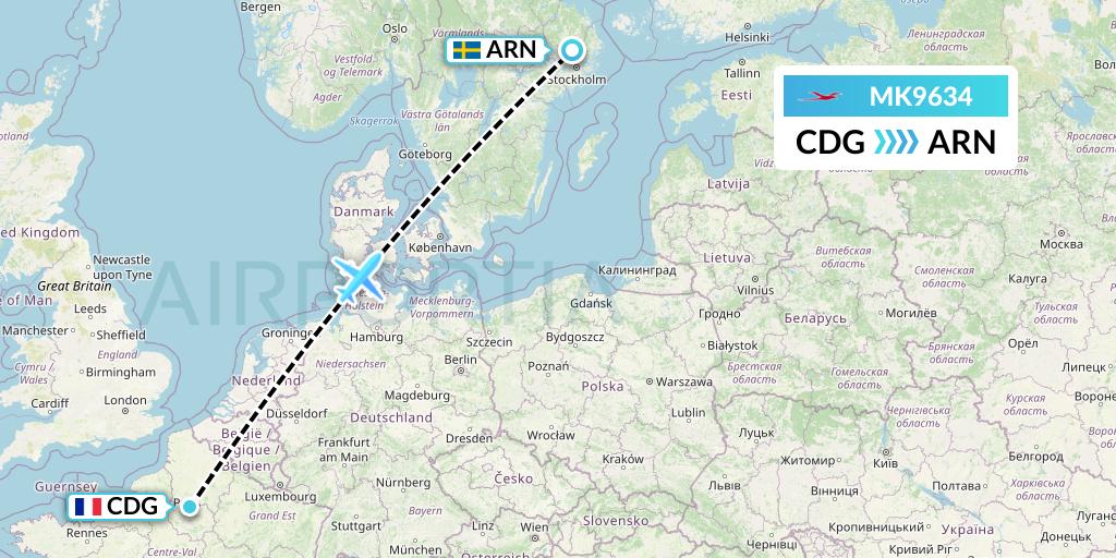 MK9634 Air Mauritius Flight Map: Paris to Stockholm