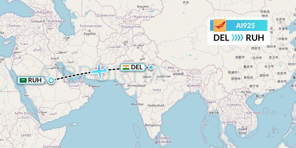 AI925 Air India Flight Map: Delhi to Riyadh