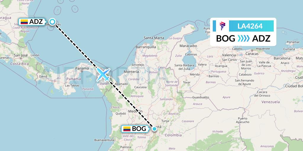 LA4264 LAN Airlines Flight Map: Bogota to San Andres Island