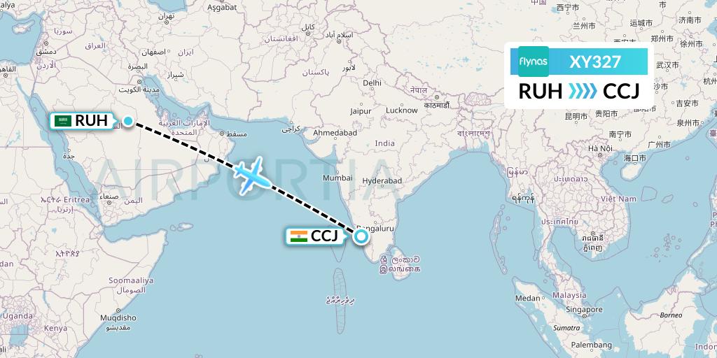 XY327 Flynas Flight Map: Riyadh to Kozhikode