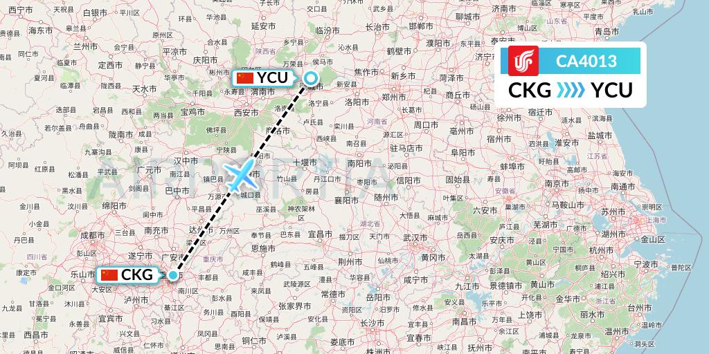 CA4013 Air China Flight Map: Chongqing to Yuncheng