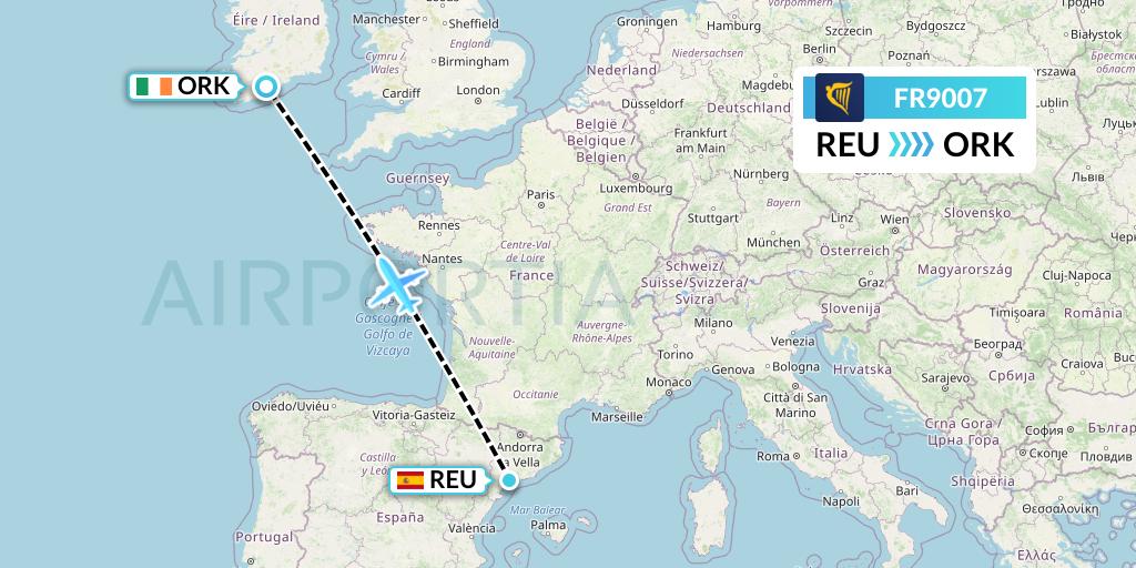 FR9007 Ryanair Flight Map: Reus to Cork