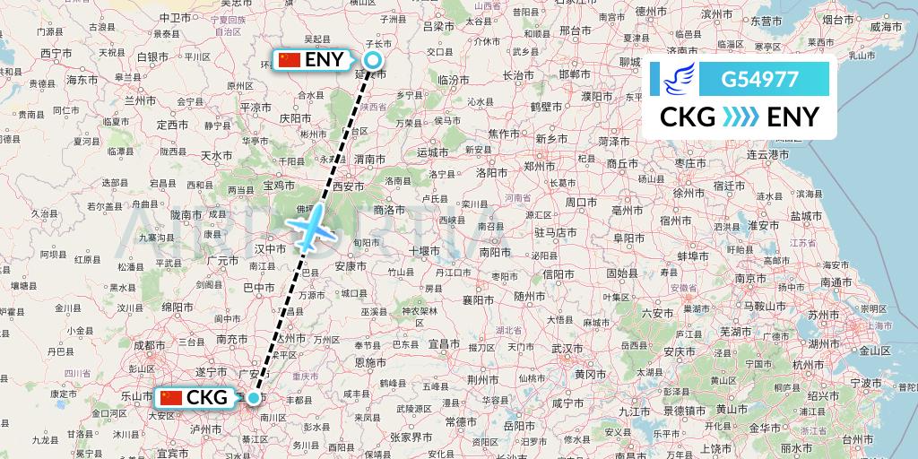G54977 China Express Airlines Flight Map: Chongqing to Yan'an