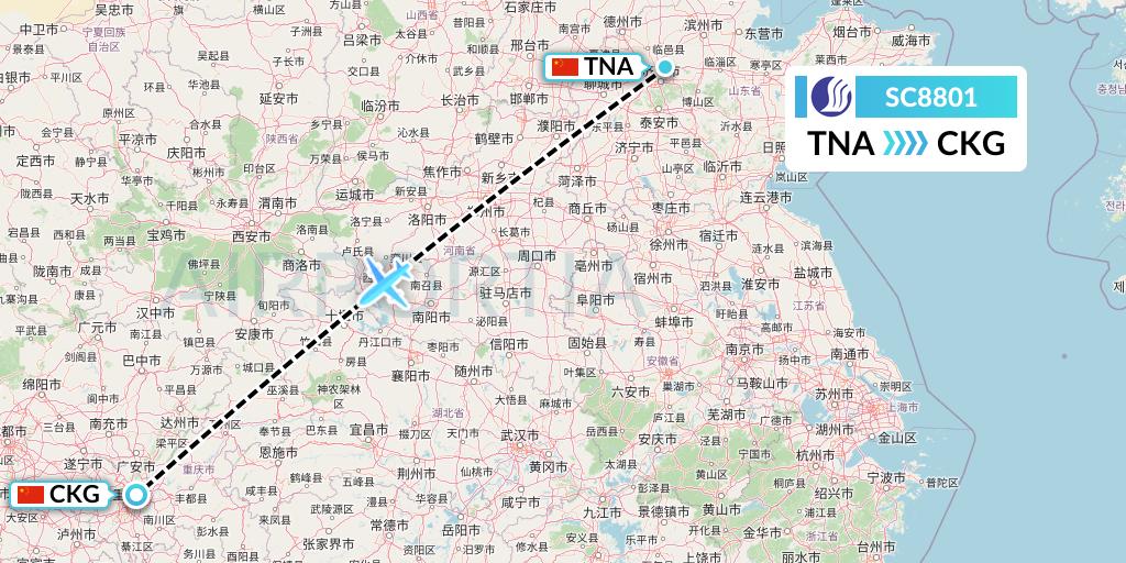SC8801 Shandong Airlines Flight Map: Jinan to Chongqing