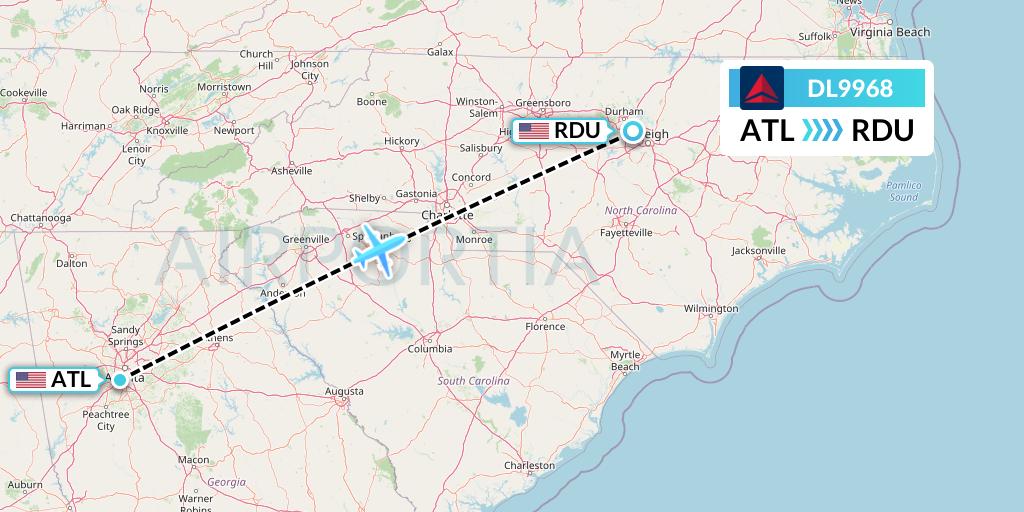 DL9968 Delta Air Lines Flight Map: Atlanta to Raleigh-Durham