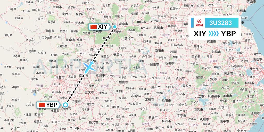 3U3283 Sichuan Airlines Flight Map: Xi'an to Yibin