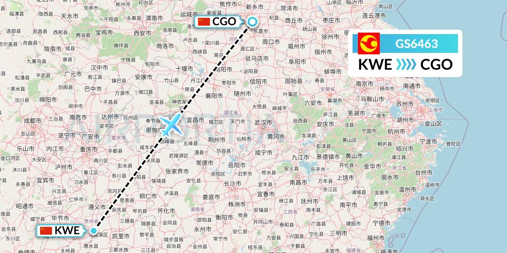 GS6463 Tianjin Airlines Flight Map: Guiyang to Zhengzhou