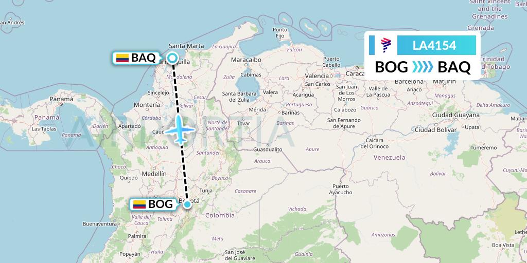 LA4154 LAN Airlines Flight Map: Bogota to Barranquilla