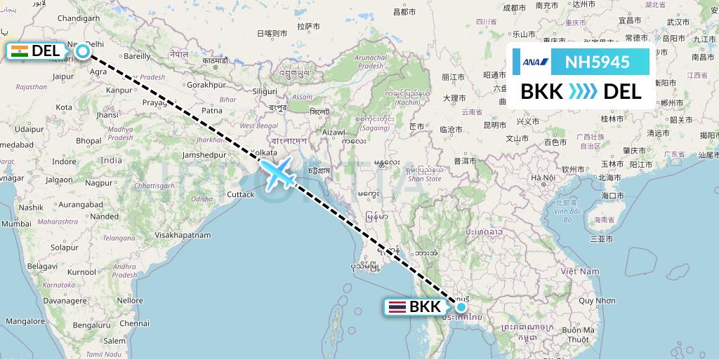 NH5945 All Nippon Airways Flight Map: Bangkok to Delhi