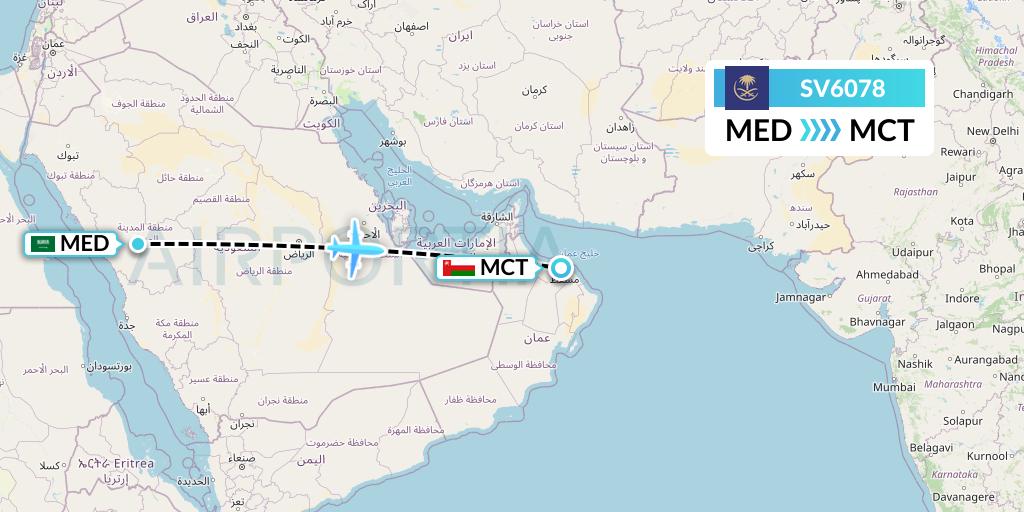 SV6078 Saudi Arabian Airlines Flight Map: Medina to Muscat