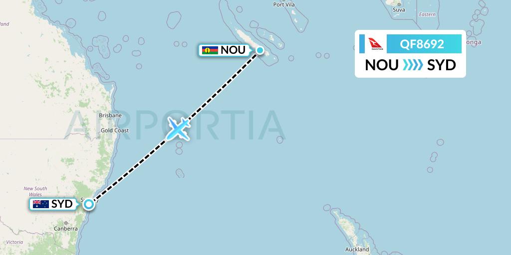 QF8692 Qantas Flight Map: Noumea to Sydney