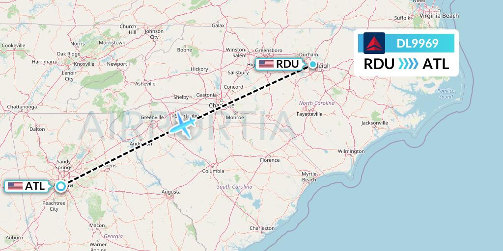 DL9969 Delta Air Lines Flight Map: Raleigh-Durham to Atlanta