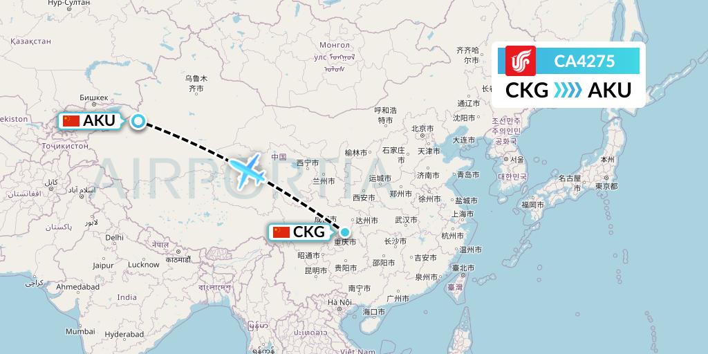 CA4275 Air China Flight Map: Chongqing to Aksu