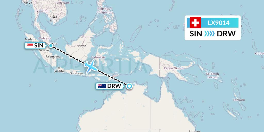 LX9014 Swiss Flight Map: Singapore to Darwin