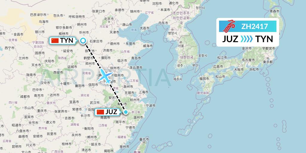 ZH2417 Shenzhen Airlines Flight Map: Quzhou to Taiyuan