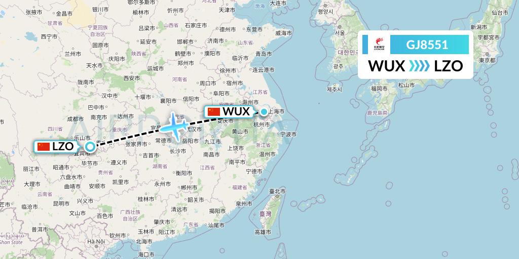 GJ8551 Loong Airlines Flight Map: Wuxi to Luzhou