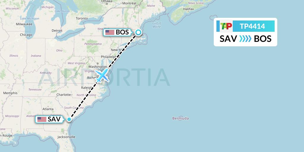 TP4414 TAP Portugal Flight Map: Savannah to Boston