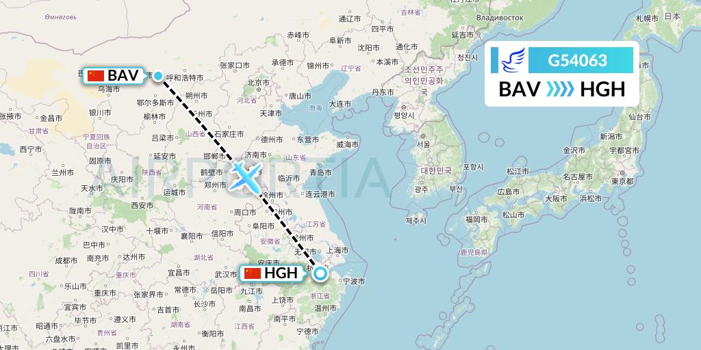 G54063 China Express Airlines Flight Map: Baotou to Hangzhou