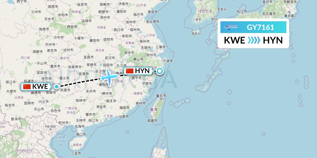 GY7161 Colorful GuiZhou Airlines Flight Map: Guiyang to Huangyan